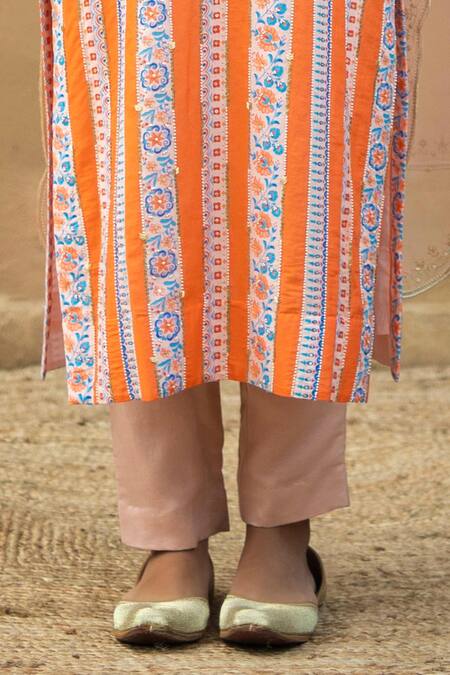Shop Pita Nila Orange Cotton Satin, Mulmul, Organza Round Printed Kurta Set at Aza Fashions Shop_Pita Nila_Orange Cotton Satin, Mulmul, Organza Round Printed Kurta Set _at_Aza_Fashions