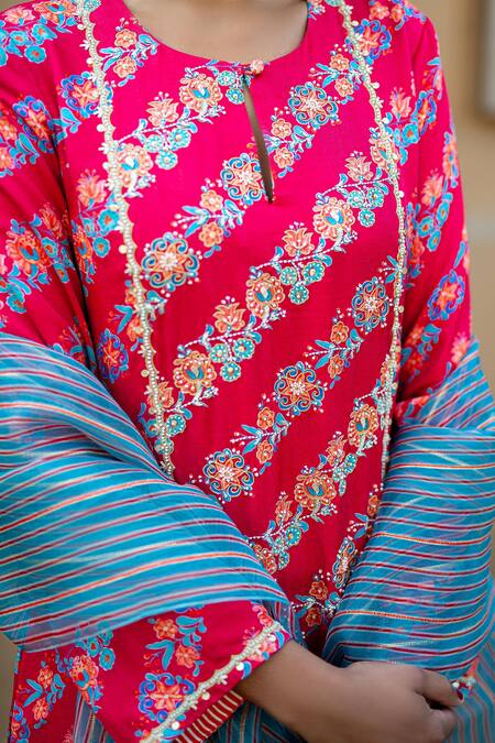 Buy Pita Nila Red Cotton Satin, Organza Round Printed Kurta Set Online at Aza Fashions Buy_Pita Nila_Red Cotton Satin, Organza Round Printed Kurta Set _Online_at_Aza_Fashions