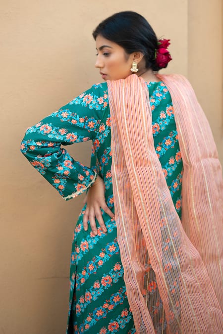 Shop Pita Nila Green Cotton Satin, Organza Round Printed Kurta Set at Aza Fashions Shop_Pita Nila_Green Cotton Satin, Organza Round Printed Kurta Set _at_Aza_Fashions