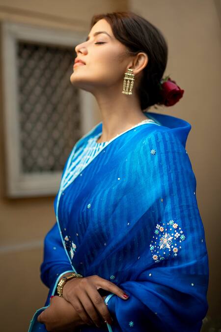 Shop Pita Nila Blue Cotton , Organza, Soft Embroidered Saree With Blouse Online at Aza Fashions Shop_Pita Nila_Blue Cotton , Organza, Soft Embroidered Saree With Blouse _Online_at_Aza_Fashions