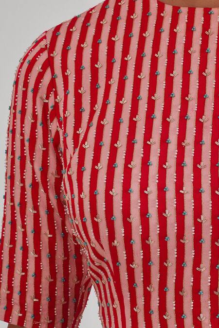 Pita Nila Red Cotton , Organza, Soft Embroidered Saree With Blouse Online at Aza Fashions Pita Nila_Red Cotton , Organza, Soft Embroidered Saree With Blouse _Online_at_Aza_Fashions