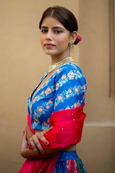 Shop Pita Nila Multi Color Raw , Cotton Satin, Bangalore V Printed Lehenga Set at Aza Fashions Shop_Pita Nila_Multi Color Raw , Cotton Satin, Bangalore V Printed Lehenga Set _at_Aza_Fashions