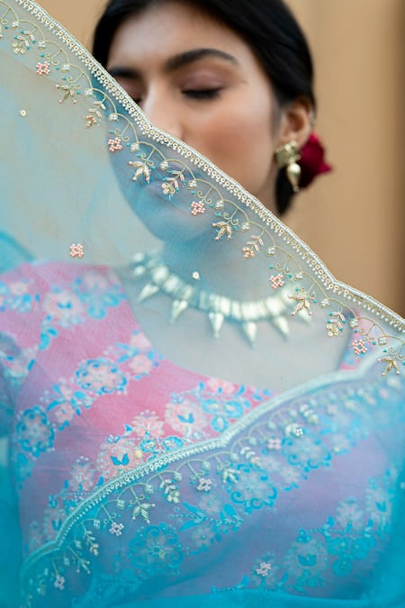 Shop Pita Nila Blue Raw , Organza Boat Saree With Blouse at Aza Fashions Shop_Pita Nila_Blue Raw , Organza Boat Saree With Blouse _at_Aza_Fashions