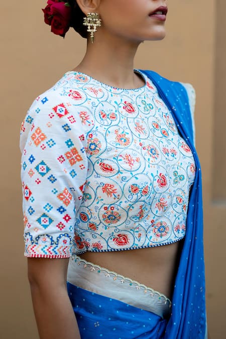 Shop Pita Nila Blue Raw , Soft Round Printed Saree With Blouse at Aza Fashions Shop_Pita Nila_Blue Raw , Soft Round Printed Saree With Blouse _at_Aza_Fashions
