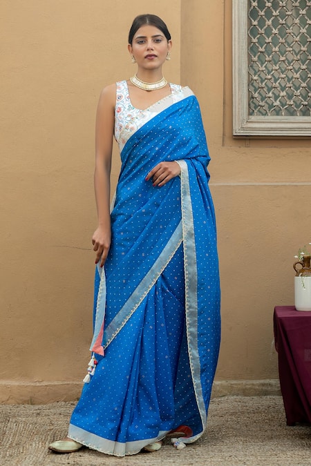 Buy Koskii Navy Blue Silver Zari Work Raw Silk Saree with Unstitched Blouse  online