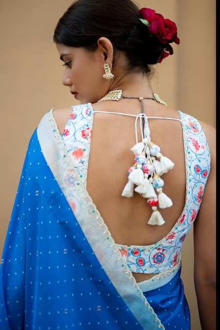 Shop Pita Nila Blue Raw , Soft U Neck Printed Saree With Blouse at Aza Fashions Shop_Pita Nila_Blue Raw , Soft U Neck Printed Saree With Blouse _at_Aza_Fashions