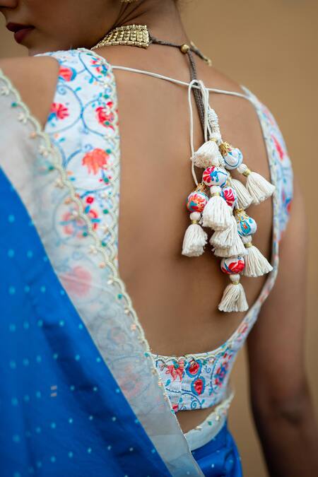 Pita Nila Blue Raw , Soft U Neck Printed Saree With Blouse Online at Aza Fashions Pita Nila_Blue Raw , Soft U Neck Printed Saree With Blouse _Online_at_Aza_Fashions