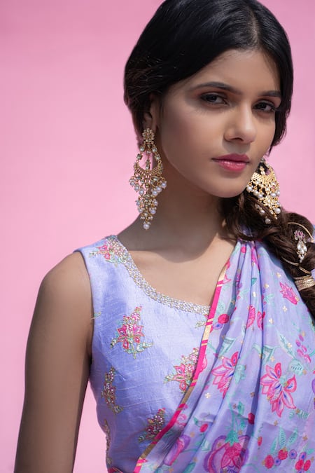 Shop Pita Nila Purple Raw , Habutai Printed Saree With Blouse at Aza Fashions Shop_Pita Nila_Purple Raw , Habutai Printed Saree With Blouse _at_Aza_Fashions