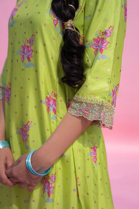 Buy Pita Nila Green Bangalore Silk, Handloom Zari Chanderi Round Printed Kurta And Palazzo Set Online at Aza Fashions Buy_Pita Nila_Green Bangalore Silk, Handloom Zari Chanderi Round Printed Kurta And Palazzo Set _Online_at_Aza_Fashions