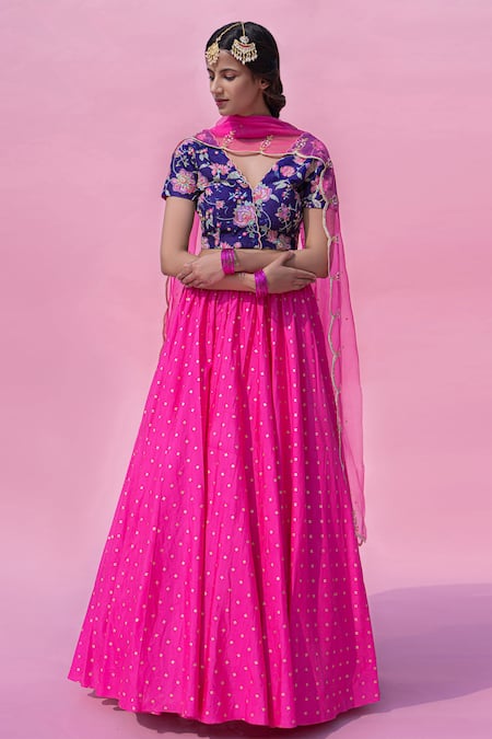 Pita Nila Pink Raw , Organza, Bangalore V Neck Gathered Lehenga Set