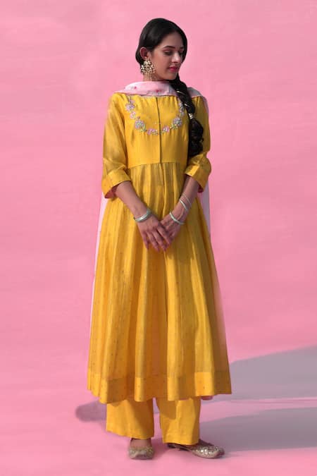 Pita Nila Yellow Chanderi, Habutai Silk Round Anarkali Set