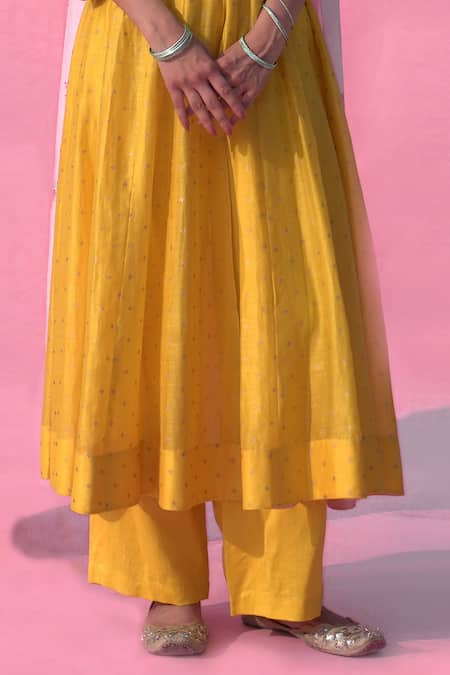 Pita Nila Yellow Chanderi, Habutai Silk Round Anarkali Set Online at Aza Fashions Pita Nila_Yellow Chanderi, Habutai Silk Round Anarkali Set _Online_at_Aza_Fashions