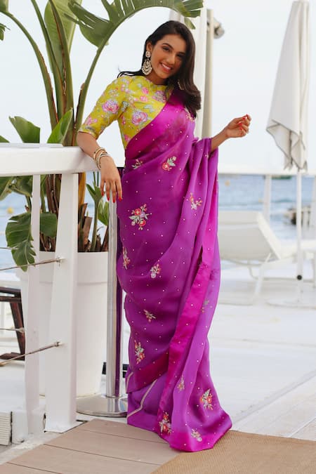 Pita Nila_Purple Satin Silk Organza Embroidery Round Applique Saree With Blouse  _Online_at_Aza_Fashions