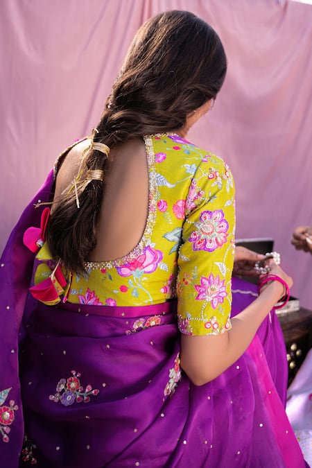 Shop_Pita Nila_Purple Satin Silk Organza Embroidery Round Applique Saree With Blouse  _at_Aza_Fashions