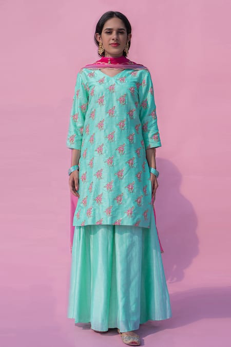 Pita Nila Green Raw , Chanderi, Organza V Neck Printed Kurta Set
