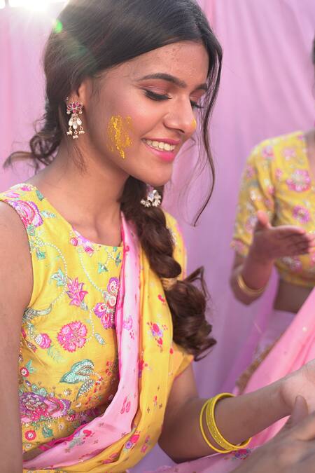 Pita Nila_Yellow Raw , Habutai Round Printed Saree With Blouse _Online_at_Aza_Fashions