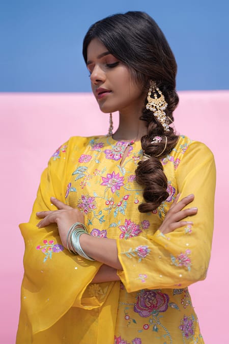 Shop Pita Nila Yellow Cotton Satin, Mulmul Round Printed Kurta Set at Aza Fashions Shop_Pita Nila_Yellow Cotton Satin, Mulmul Round Printed Kurta Set _at_Aza_Fashions