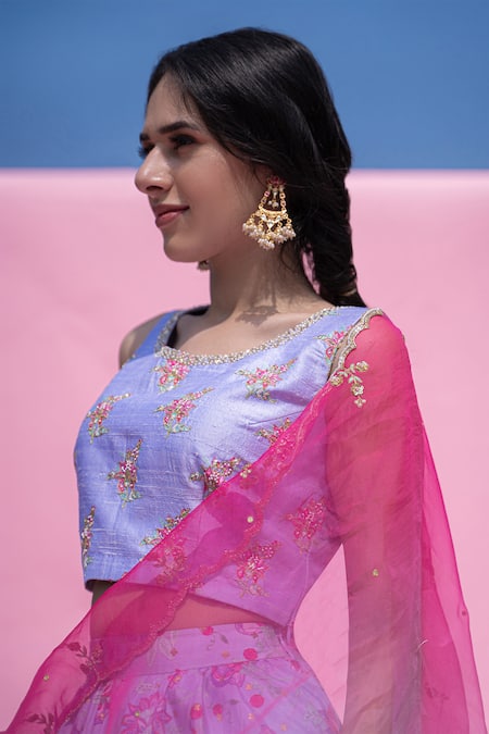 Shop Pita Nila Purple Raw , Habutai , Organza Round Printed Lehenga Set at Aza Fashions Shop_Pita Nila_Purple Raw , Habutai , Organza Round Printed Lehenga Set _at_Aza_Fashions