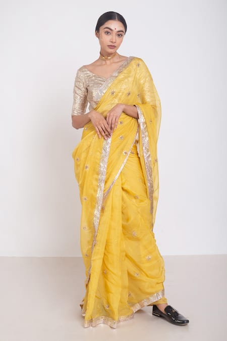 Project And Stories Yellow Organza Embroidered Butti Zardozi Saree