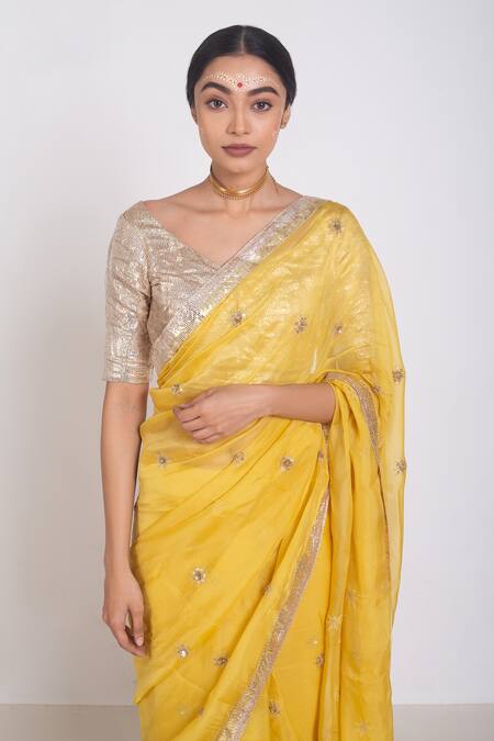 Shop_Project And Stories_Yellow Organza Embroidered Butti Zardozi Saree_Online_at_Aza_Fashions