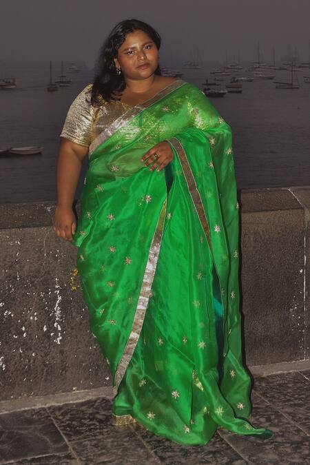 Project And Stories_Green Organza Embroidered Butti Zardozi Saree_Online_at_Aza_Fashions