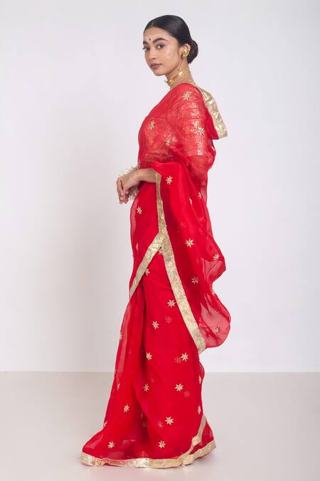 Project And Stories_Red Organza Embroidered Butti Zardozi Saree_Online_at_Aza_Fashions