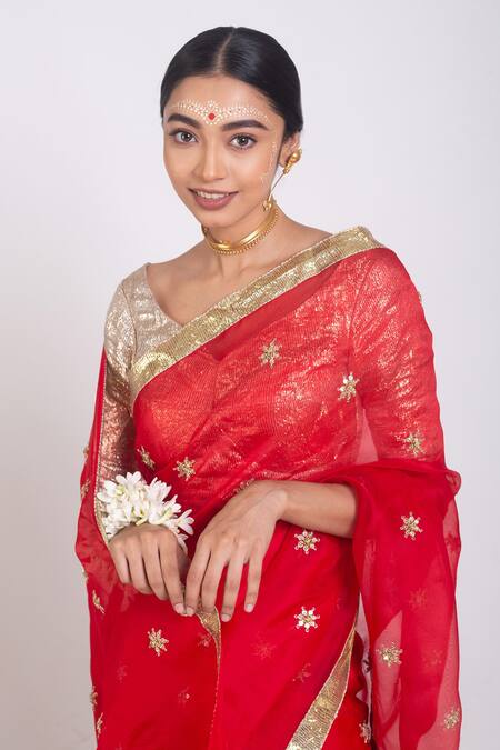 Shop_Project And Stories_Red Organza Embroidered Butti Zardozi Saree_Online_at_Aza_Fashions