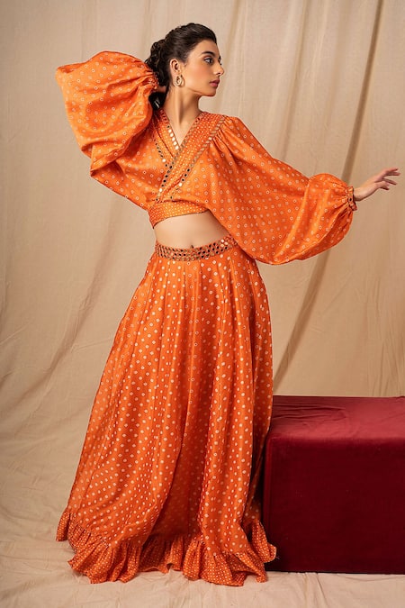 Shop_Surily G_Pink Chanderi Mirror, Bandhani Pattern Skirt _at_Aza_Fashions