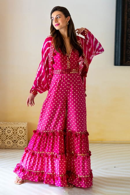 Surily G_Pink Chanderi Mirror, Bandhani V Neck Pattern Jumpsuit_Online_at_Aza_Fashions