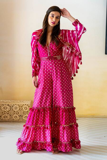 Surily G_Pink Chanderi Leheriya, Mirror Open Pattern Cape_Online_at_Aza_Fashions