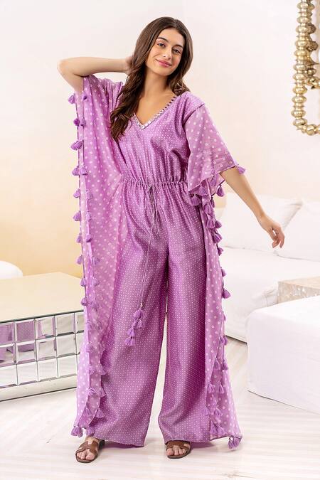 Shop Surily G Purple Chanderi Embroidered Bandhani V Neck Pattern Kaftan Jumpsuit at Aza Fashions Shop_Surily G_Purple Chanderi Embroidered Bandhani V Neck Pattern Kaftan Jumpsuit _at_Aza_Fashions