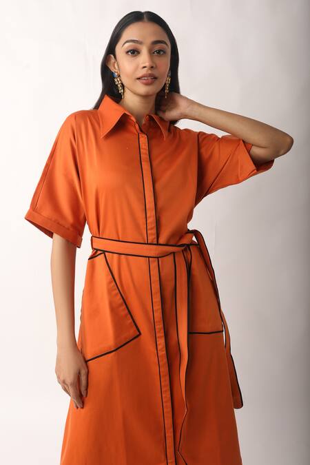 Buy Veera Wear Orange Cotton Collared Midi Dress Online at Aza Fashions Buy_Veera Wear_Orange Cotton Collared Midi Dress _Online_at_Aza_Fashions