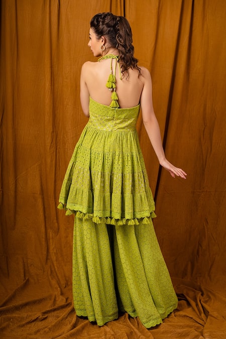 Shop Surily G Green Cotton Cutwork, Floral Halter Tunic at Aza Fashions Shop_Surily G_Green Cotton Cutwork, Floral Halter Tunic _at_Aza_Fashions