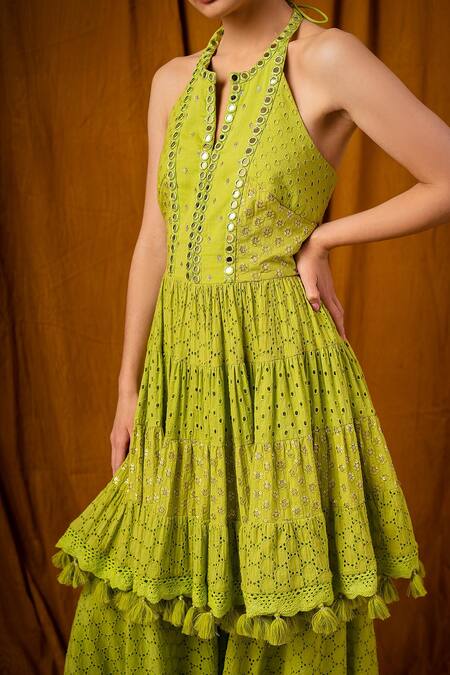 Buy Surily G Green Cotton Cutwork, Floral Halter Tunic Online at Aza Fashions Buy_Surily G_Green Cotton Cutwork, Floral Halter Tunic _Online_at_Aza_Fashions