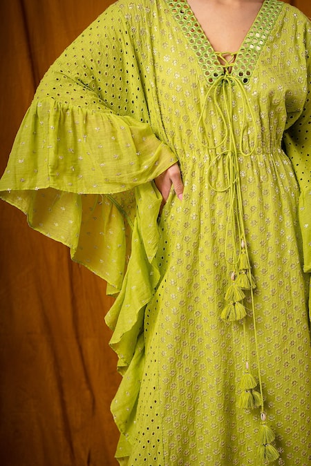 Buy Surily G Green Cotton Cutwork, Floral V Neck Embroidered Kaftan Online at Aza Fashions Buy_Surily G_Green Cotton Cutwork, Floral V Neck Embroidered Kaftan _Online_at_Aza_Fashions