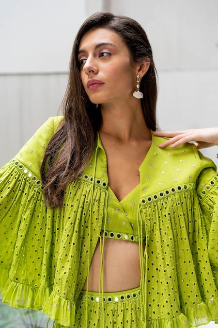 Shop Surily G Green Cotton Cutwork, Floral Open Short Jacket Online at Aza Fashions Shop_Surily G_Green Cotton Cutwork, Floral Open Short Jacket _Online_at_Aza_Fashions