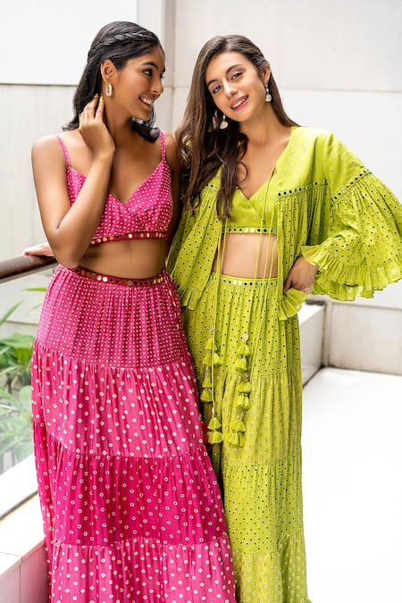 Surily G_Green Cotton Cutwork, Floral V Neck Embroidered Crop Top _Online_at_Aza_Fashions