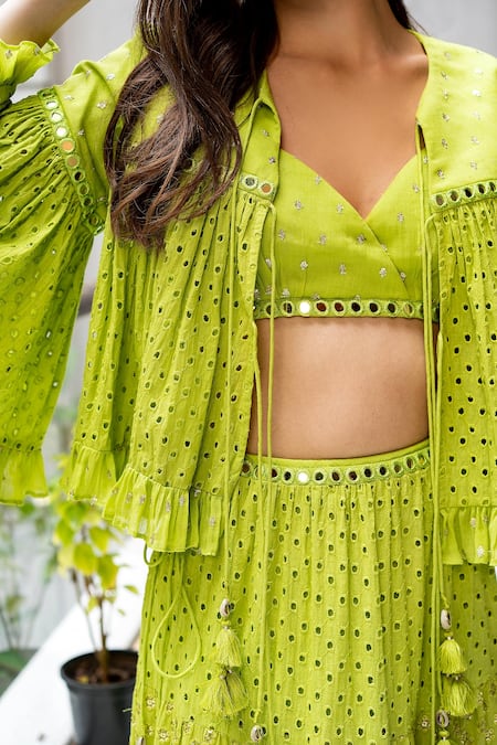 Shop_Surily G_Green Cotton Cutwork, Floral V Neck Embroidered Crop Top _Online_at_Aza_Fashions