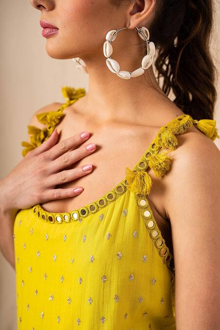 Surily G_Yellow Cotton Cutwork, Mirror Scoop Neck Tiered Dress_Online_at_Aza_Fashions