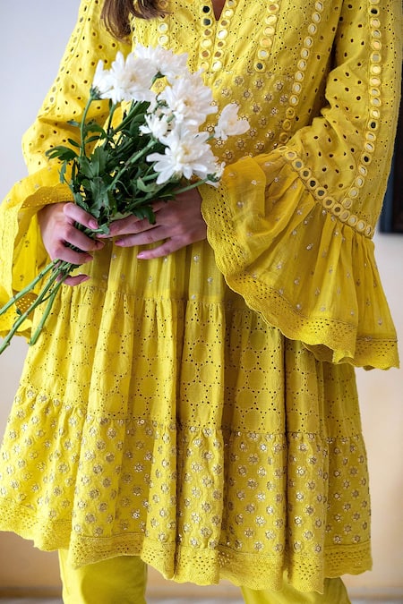 Surily G_Yellow Cotton Cutwork, Mirror V Neck Embroidered Bell Sleeve Tunic_Online_at_Aza_Fashions