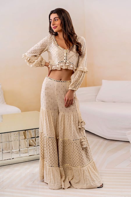 Surily G Ivory Cotton Embroidered Cutwork V Neck Crop Top 
