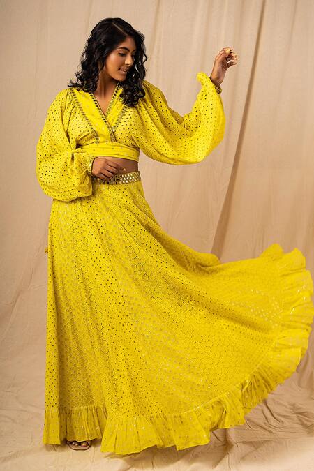 Surily G_Yellow Cotton Cutwork, Mirror V Neck Crop Top_Online_at_Aza_Fashions