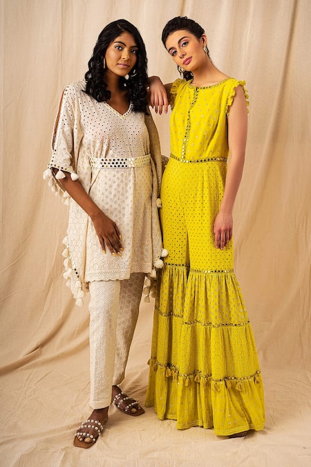 Surily G_Yellow Cotton Floral, Mirror Notched Embroidered Ruffle Sleeve Jumpsuit_Online_at_Aza_Fashions