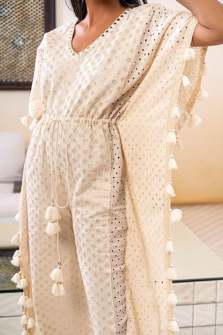 Buy_Surily G_Ivory Cotton Floral, Mirror V Neck Cutwork Kaftan Jumpsuit_Online_at_Aza_Fashions