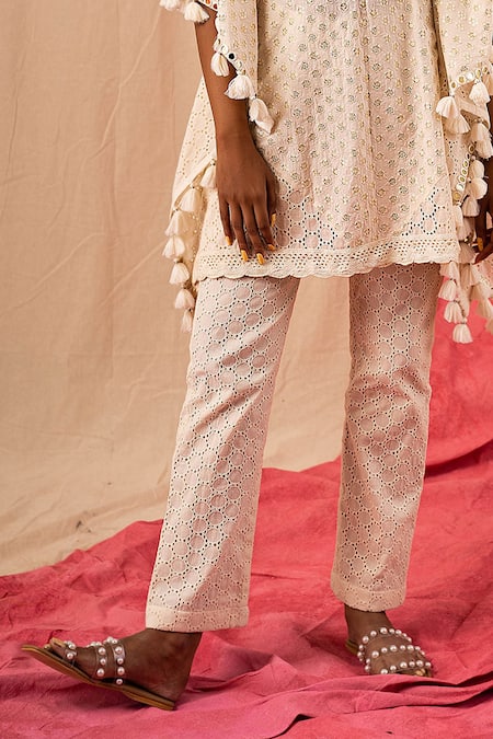 Surily G_Ivory Cotton Cutwork Pant_Online_at_Aza_Fashions