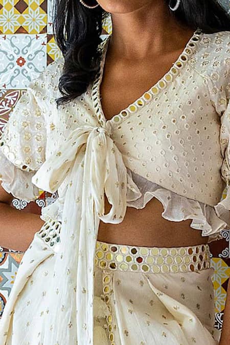 Shop_Surily G_Ivory Cotton Cutwork V Neck Tie-up Crop Top_Online_at_Aza_Fashions