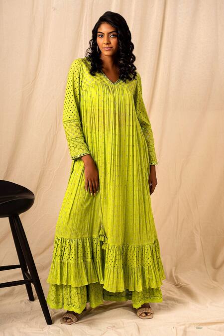 Shop Surily G Green Cotton Cutwork, Floral Tiered Sharara at Aza Fashions Shop_Surily G_Green Cotton Cutwork, Floral Tiered Sharara _at_Aza_Fashions