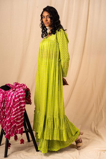Surily G Green Cotton Cutwork, Floral Tiered Sharara 