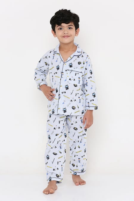 Straight style Cotton fabric Teal color Night suit with Camel printed Shirt  with pyjama