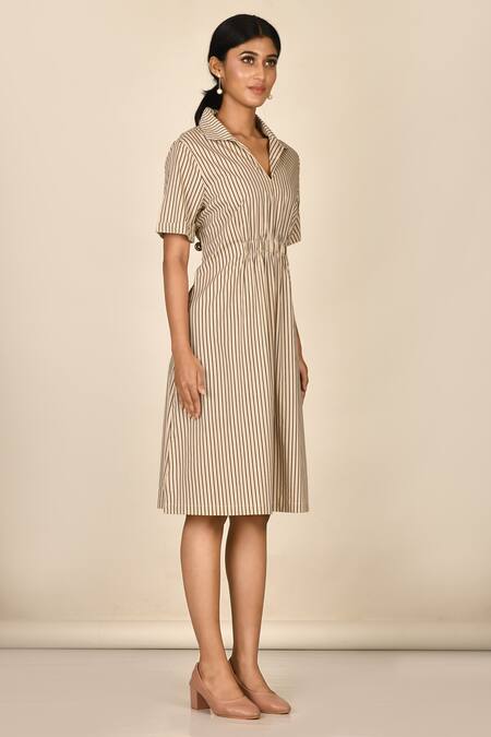 Samyukta Singhania_Beige Cotton Collared Striped Dress_Online_at_Aza_Fashions